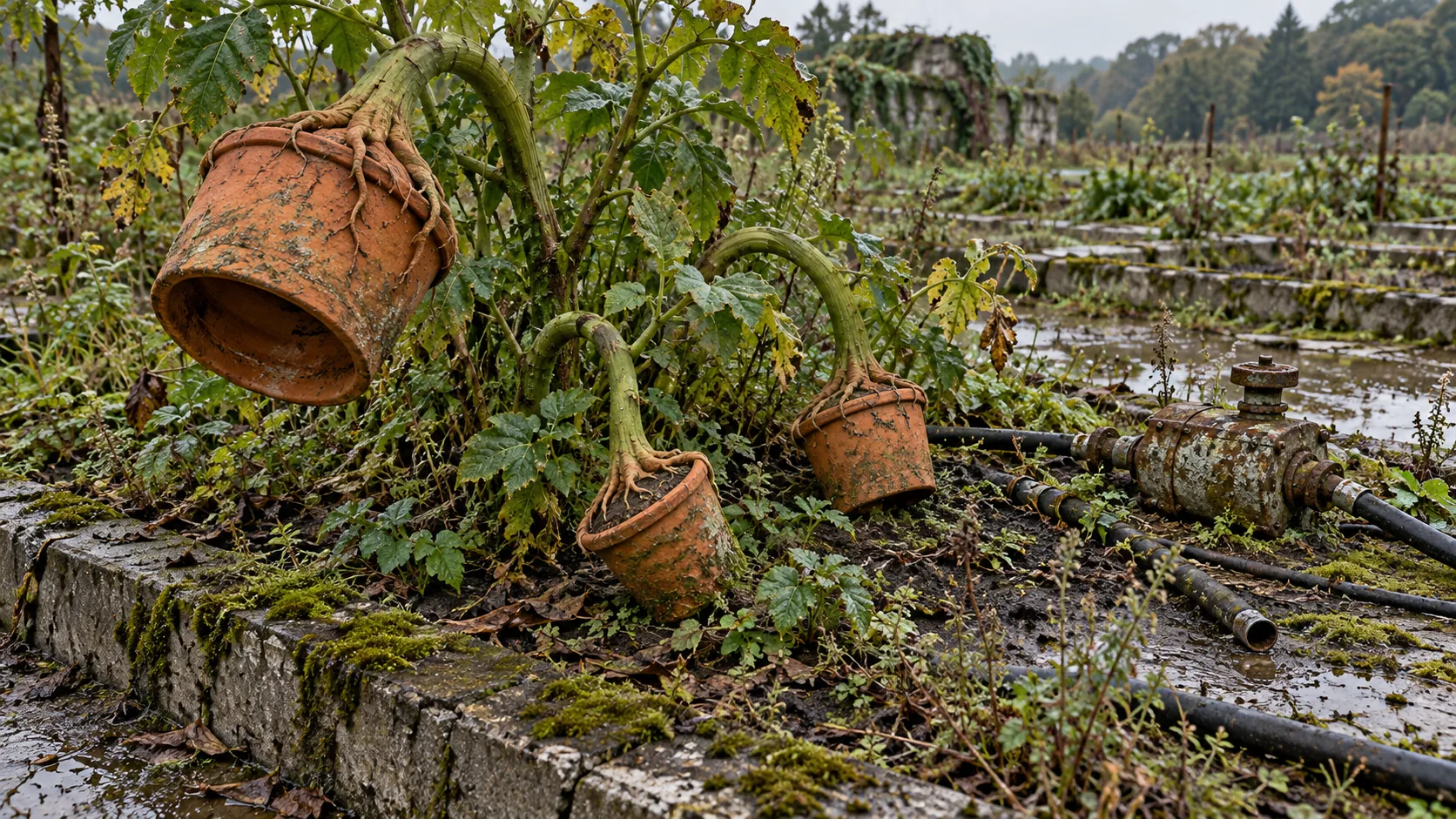 In a weedy old nursery bed, a leafy green plant grows terracotta flower pots on its curling stalks, like fruit. Some of them are still ripening.
