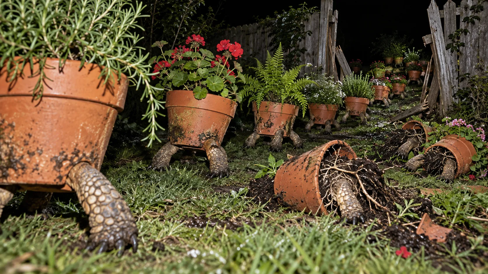 Terracotta plant pots on tortoise legs walk out of a garden at night through a gap in the fence. The geraniums are along for the ride.