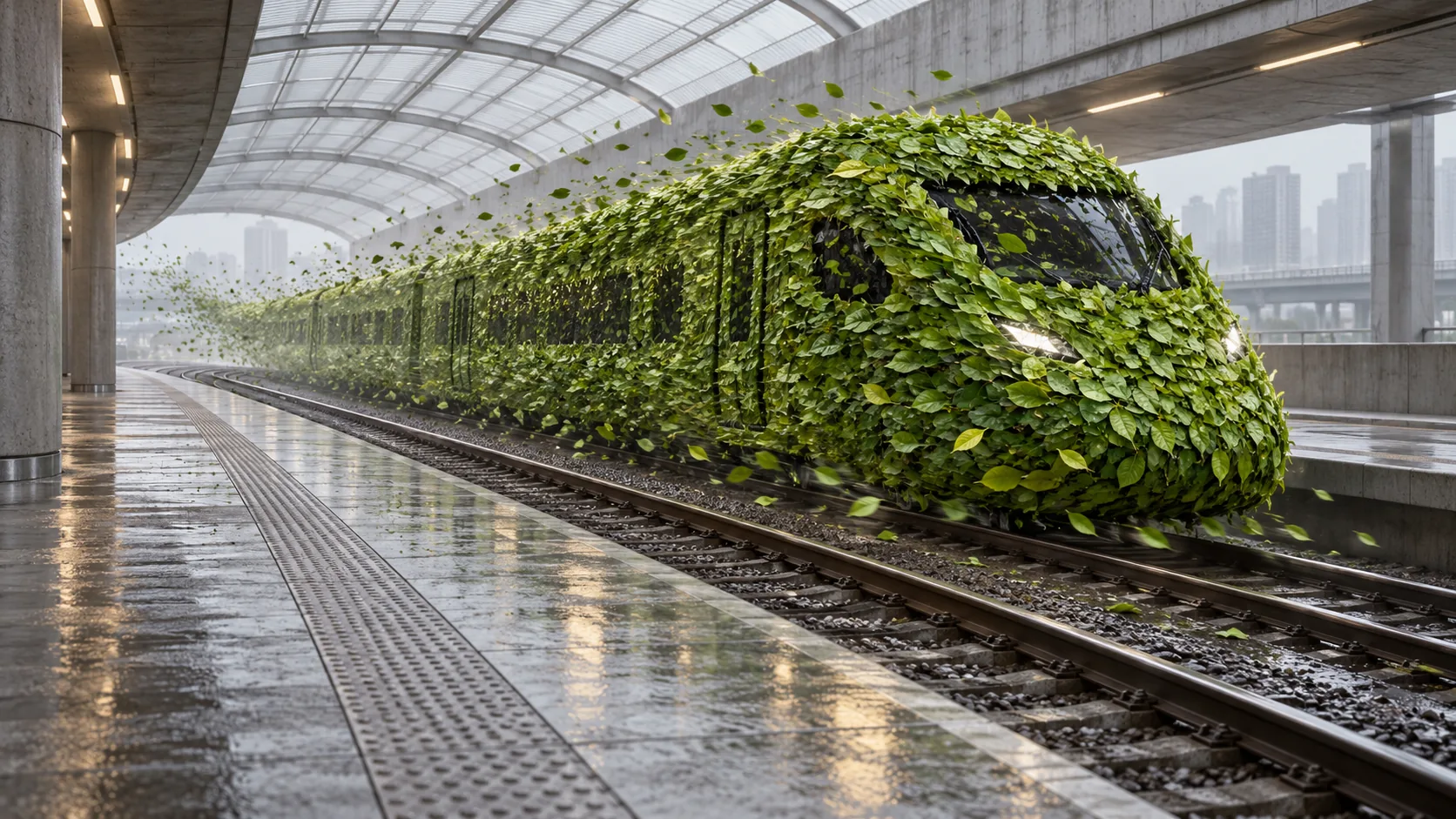 A high-speed train covered entirely in green leaves pulls into a wet, empty station, shedding leaves as it goes. It is on time, which is the strange part.