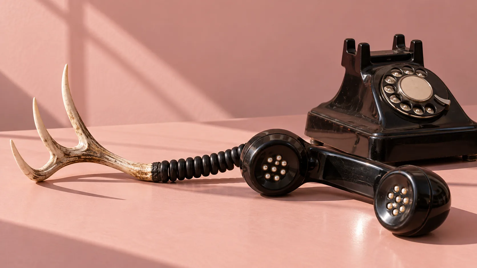 A black rotary telephone sits on a pink table, its coiled cord ending not in a socket but in a pale deer antler. The forest is on hold.