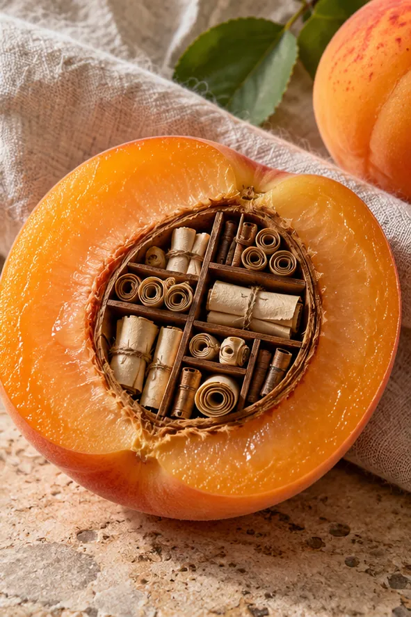 A halved apricot holds a little archive of rolled scrolls and documents where its stone should be.
