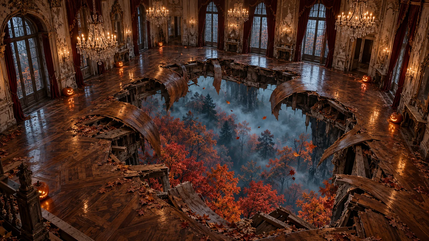 In a chandeliered ballroom, the parquet floor has splintered open and through the hole, far below, is a misty autumn forest in red and orange. The band has stopped.