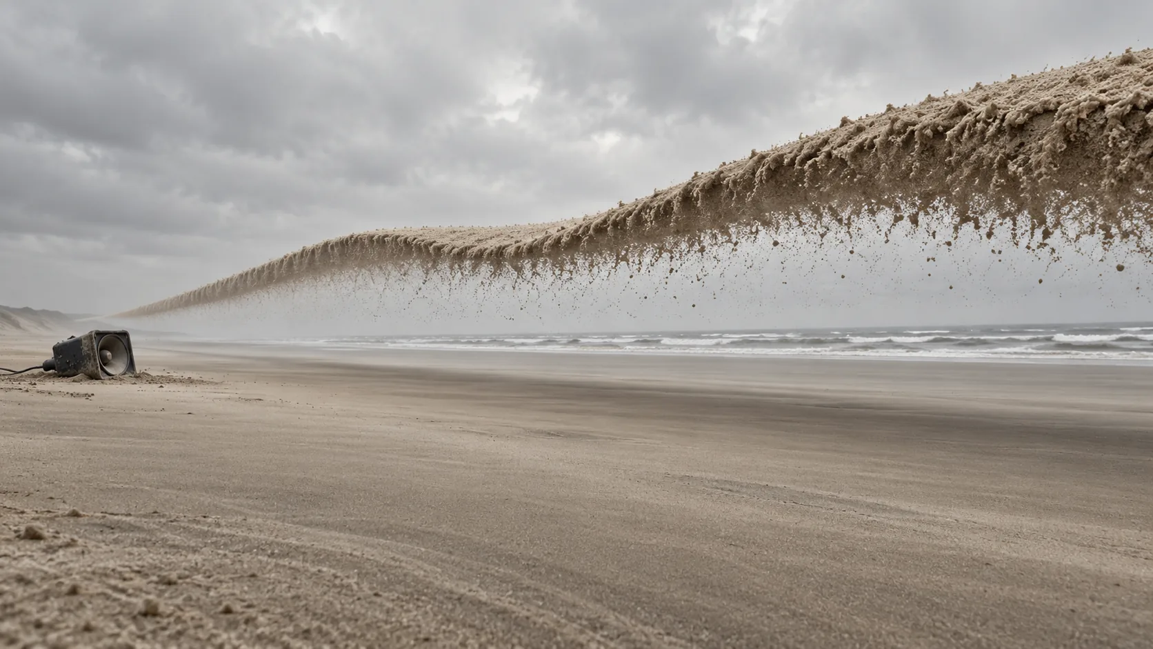 On a grey beach a small loudspeaker sits on the sand, and a long wave of sand rises off the beach and hangs breaking in the air beyond it. Turn it down and the whole beach comes down too.
