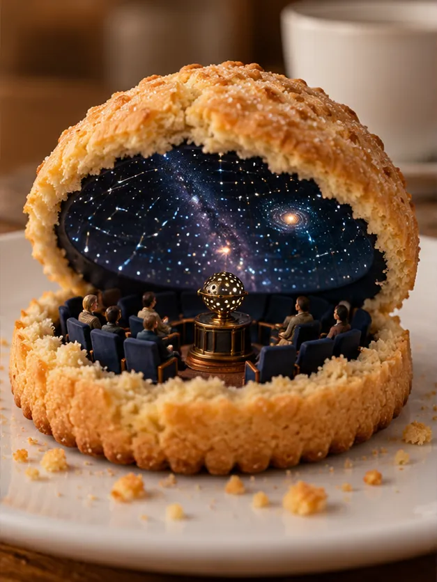 A golden biscuit is broken open to show a domed planetarium inside, its audience watching the galaxies overhead.