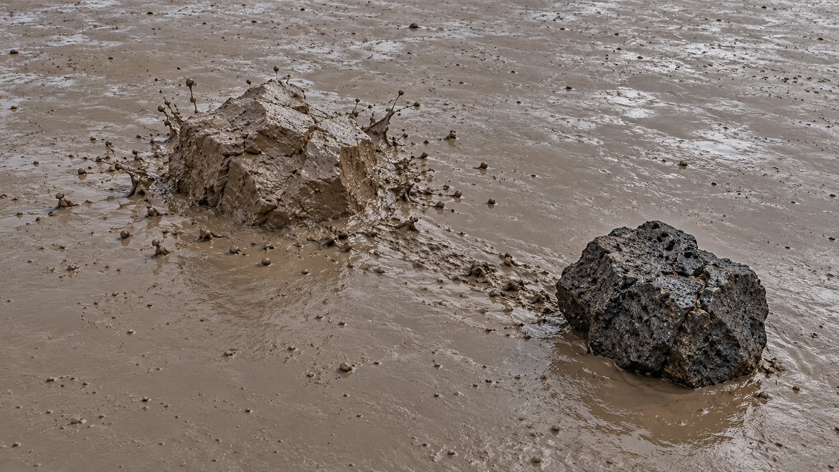 On a mudflat, a dark boulder sits in the mud while, a little behind it, a splash of mud stands up in the shape of the same boulder. The mud remembers where it hit first.