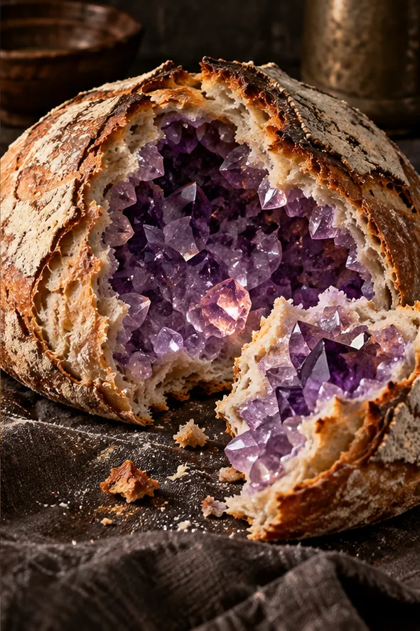 A torn sourdough loaf opens onto a cavity of purple amethyst crystals, crumbs and shards on the cloth beside it. Not recommended for toast.