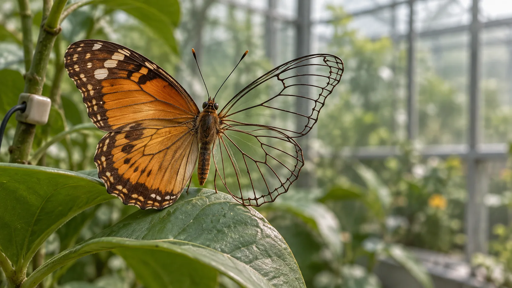 In a glasshouse, an orange butterfly rests on a leaf with one side of its wings in full colour and the other only clear veins, like an outline. Somebody ran out of orange.