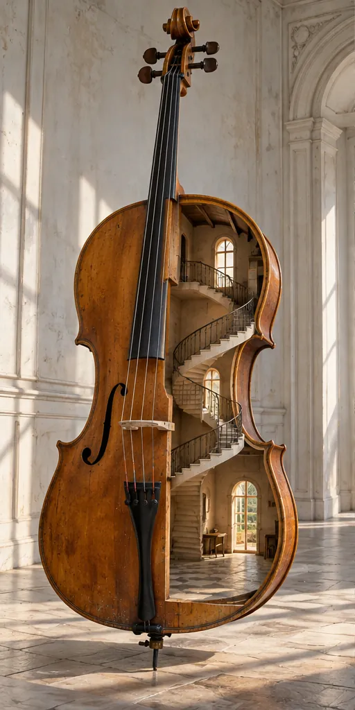 A cello stands in a marble hall, its body opened up to show a spiral staircase climbing through little rooms.
