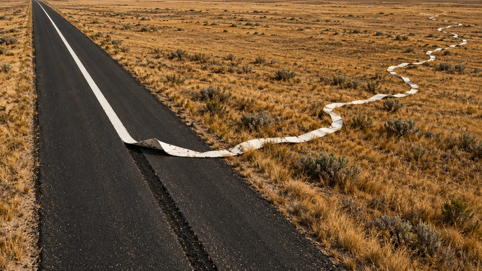 On a straight road across dry scrubland, the white centre line peels up off the tarmac and wanders away over the grass in a long curve. The road will have to manage.