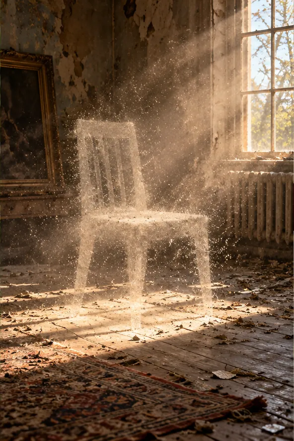 In a dusty, abandoned room, a chair made of drifting dust and sunlight stands in the beam from a tall window.