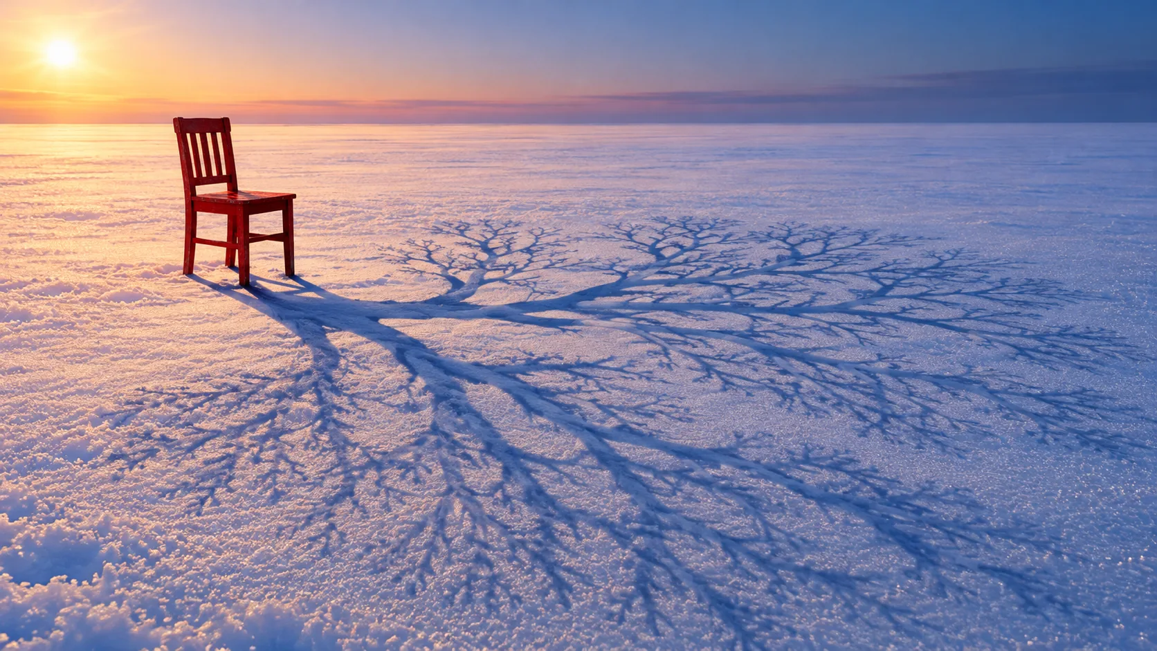 A red wooden chair stands alone on a snowfield at sunset, and its long blue shadow branches out like a tree. The chair is not saying anything.