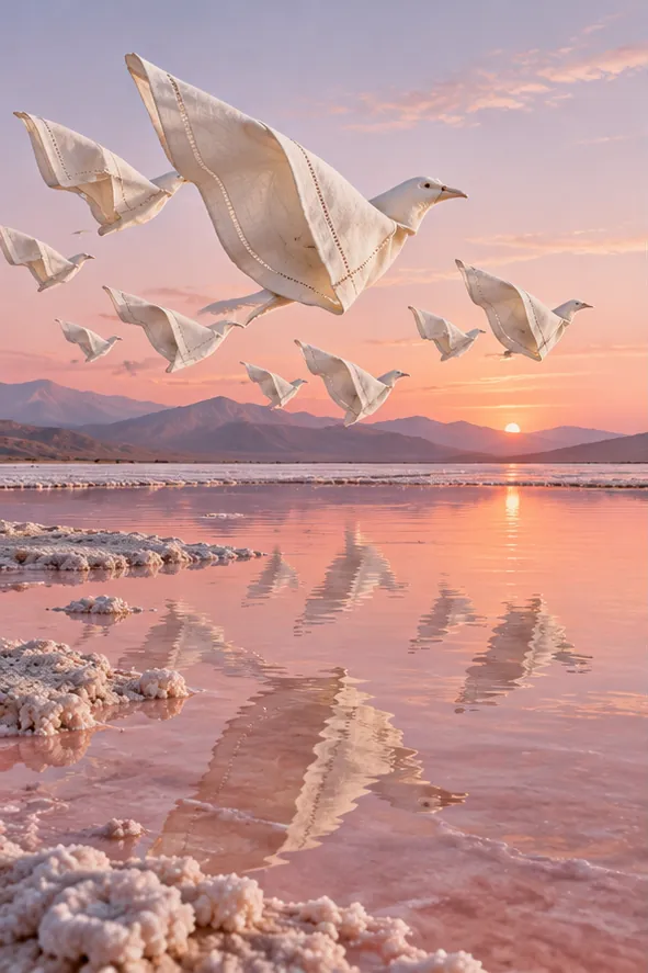 A flock of white napkins, folded into birds, flies over a pink salt lake at sunset.