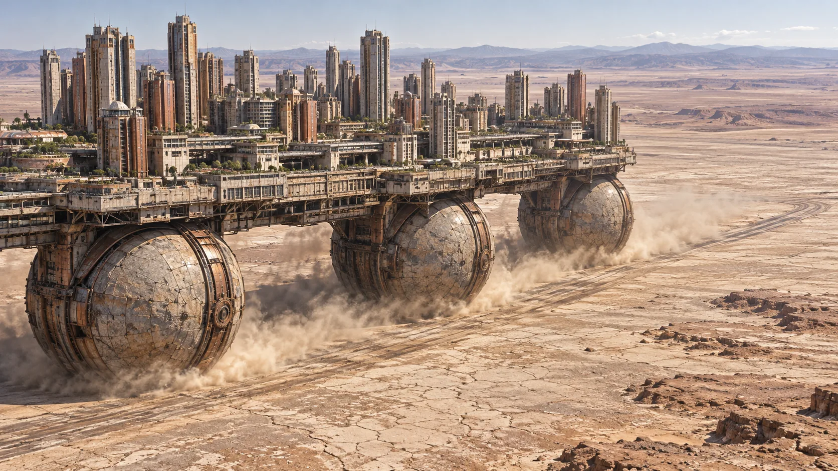 A whole city of tall towers rides across a cracked desert on a platform set on giant metal spheres, dust trailing behind. It left no forwarding address.