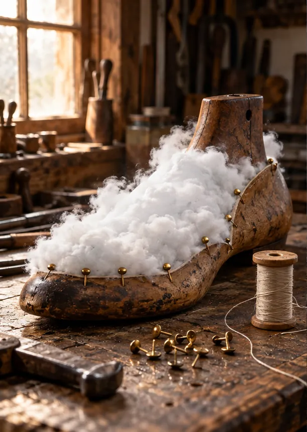 In a cobbler's workshop, a wooden shoe last is being stuffed with fresh white cloud, pinned with brass tacks.