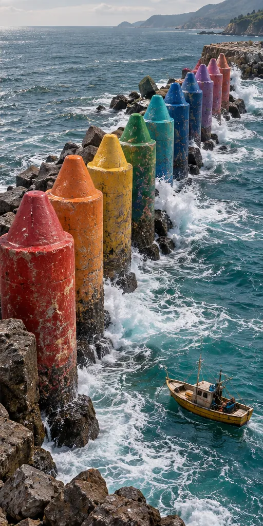 A row of giant, worn crayons forms a breakwater on a rocky coast while a small fishing boat passes.