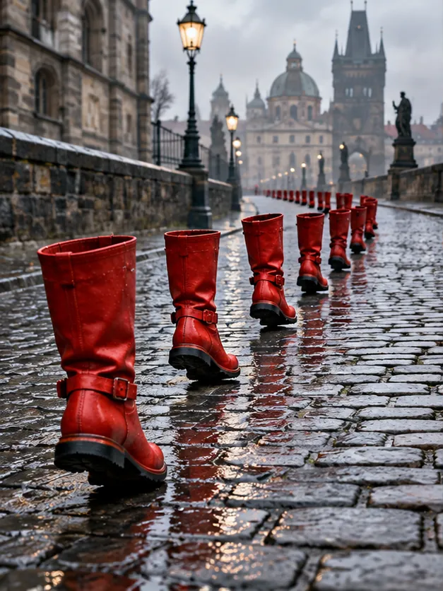 A long line of shiny red boots marches in single file along a wet cobbled bridge toward old spires, with nobody wearing them. The route was already booked.