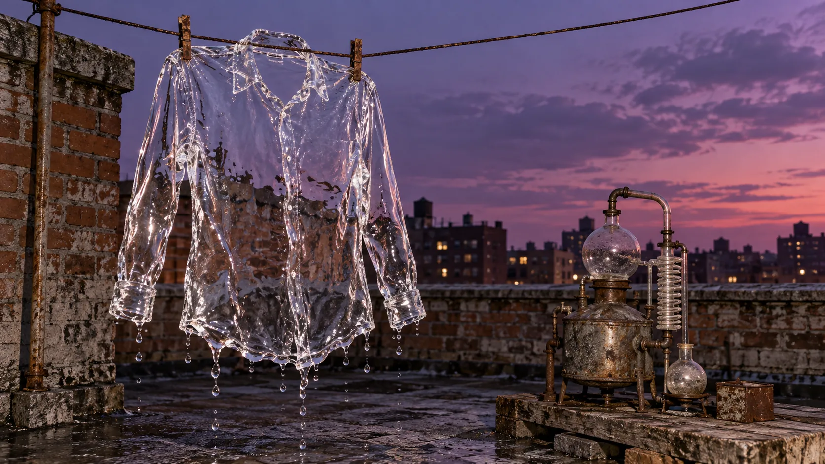 On a rooftop at dusk, a shirt made entirely of clear water hangs dripping from a washing line, beside an old copper still. It is drying, which will be the end of it.