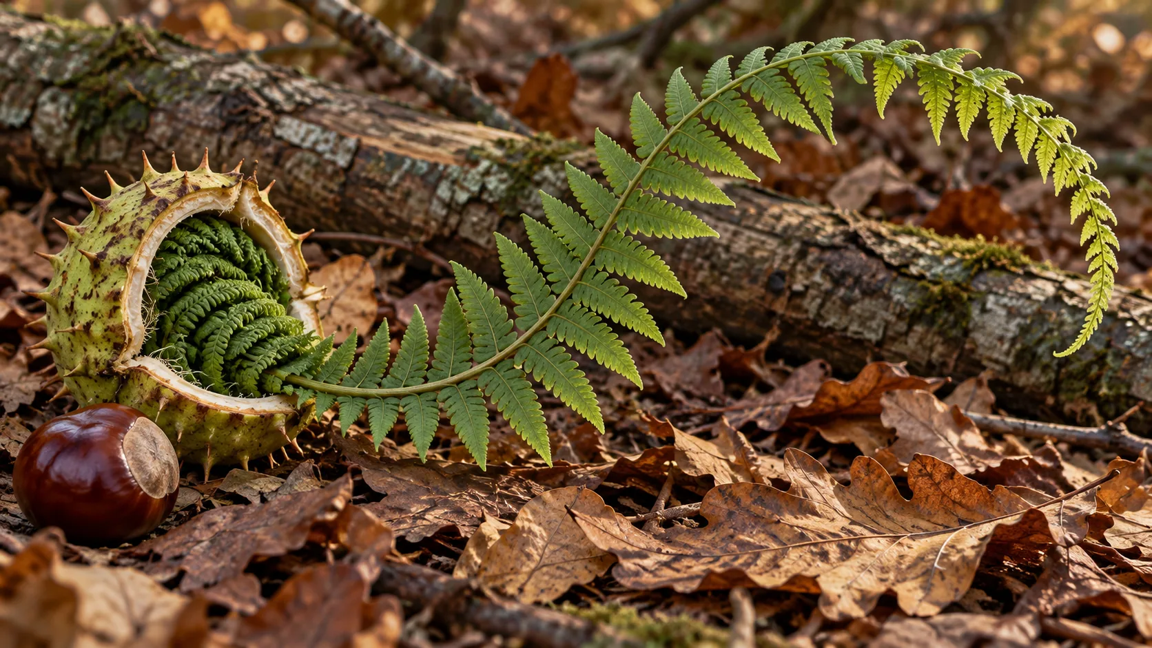 On a bed of fallen leaves, a spiky conker husk lies split open with a long green fern frond unfurling out of it, the conker beside it. Someone swapped the contents.
