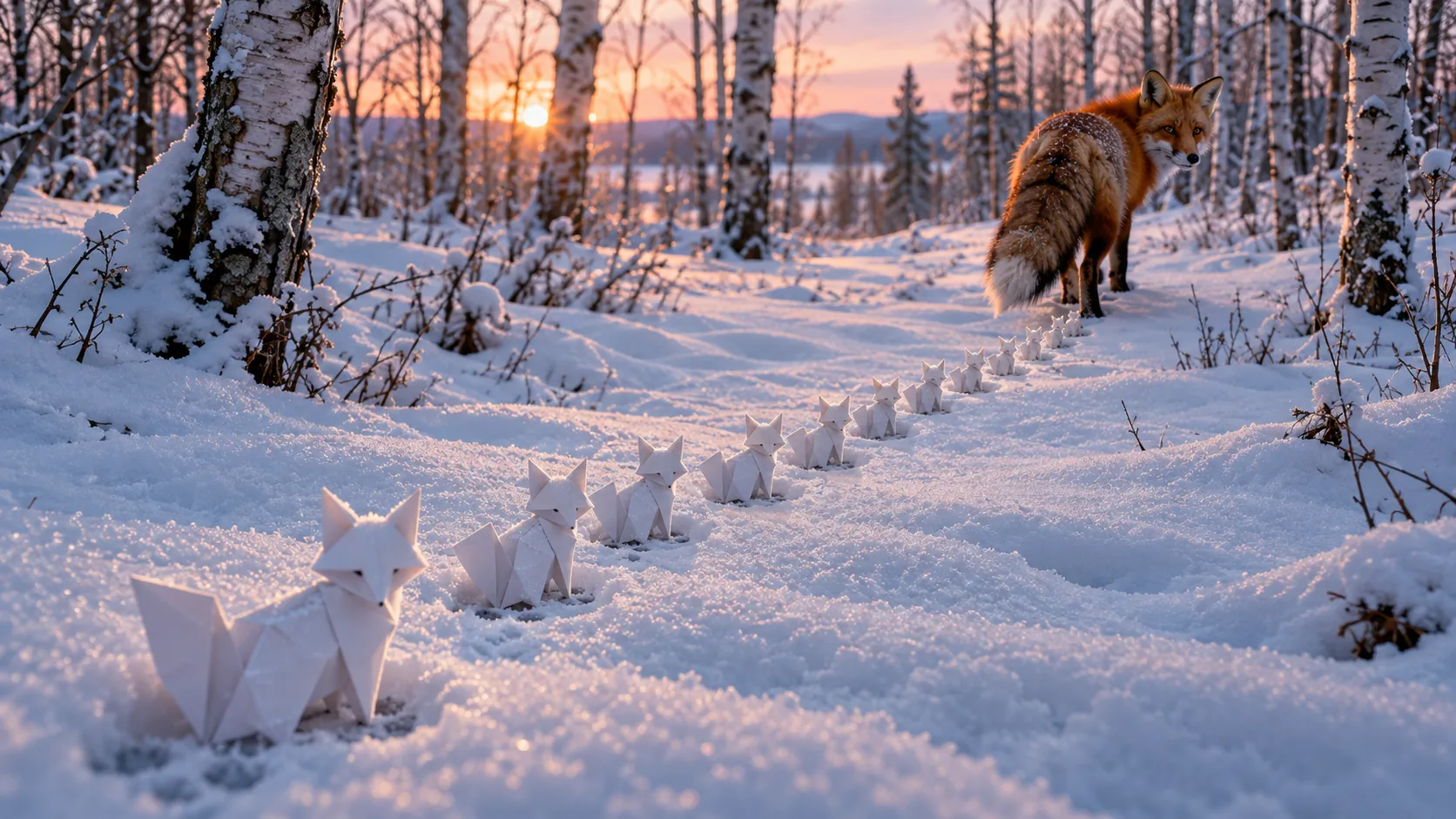 A red fox crosses a snowy birch wood at sunset, and every footprint behind it has become a small white origami fox standing in the snow. It is easy to follow.