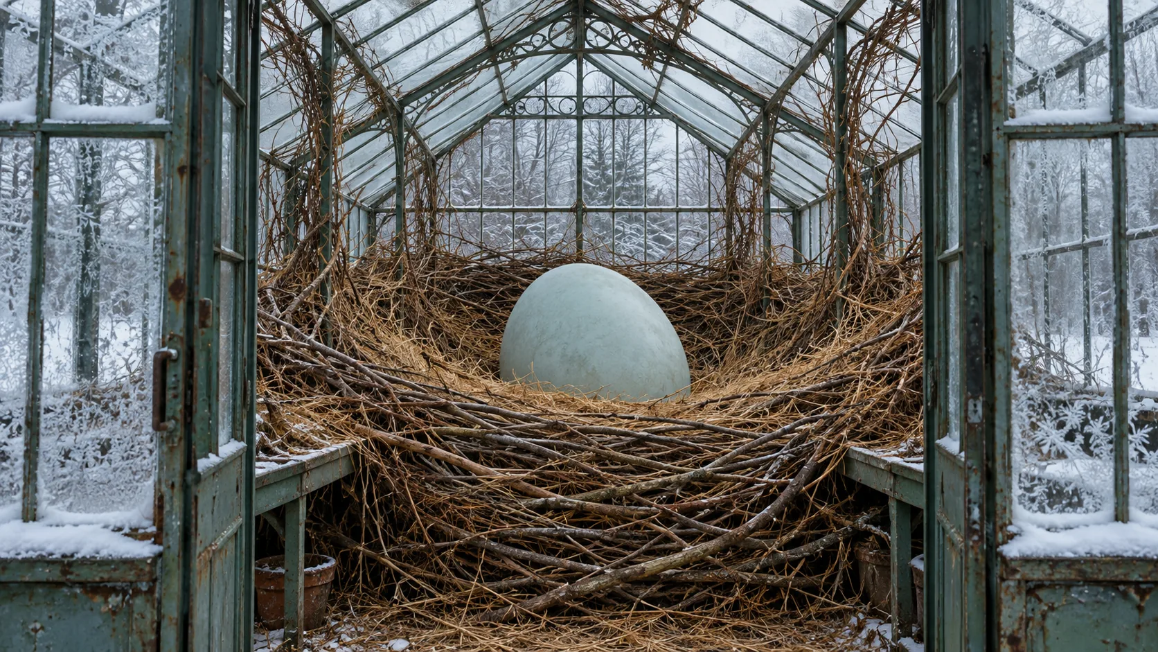 An old greenhouse in the snow stands with its doors open, its whole floor taken up by a huge twig nest holding a single pale blue egg. The tomatoes have moved out.