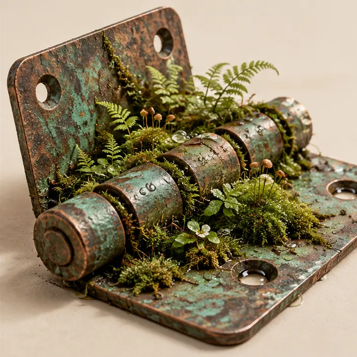 An old copper door hinge, green with age, has grown its own little garden of moss and ferns.
