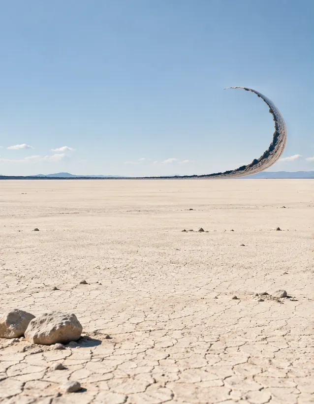 Over a cracked white desert, the far edge of the ground lifts off the horizon and curls up into the blue sky like a strip of tape.