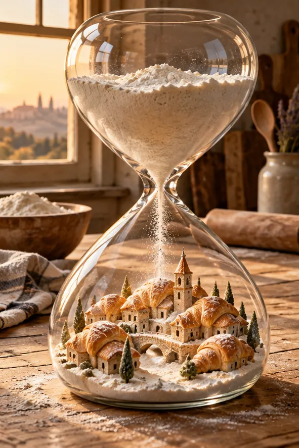 An hourglass on a kitchen table pours flour into a little village of bread houses and croissant roofs.