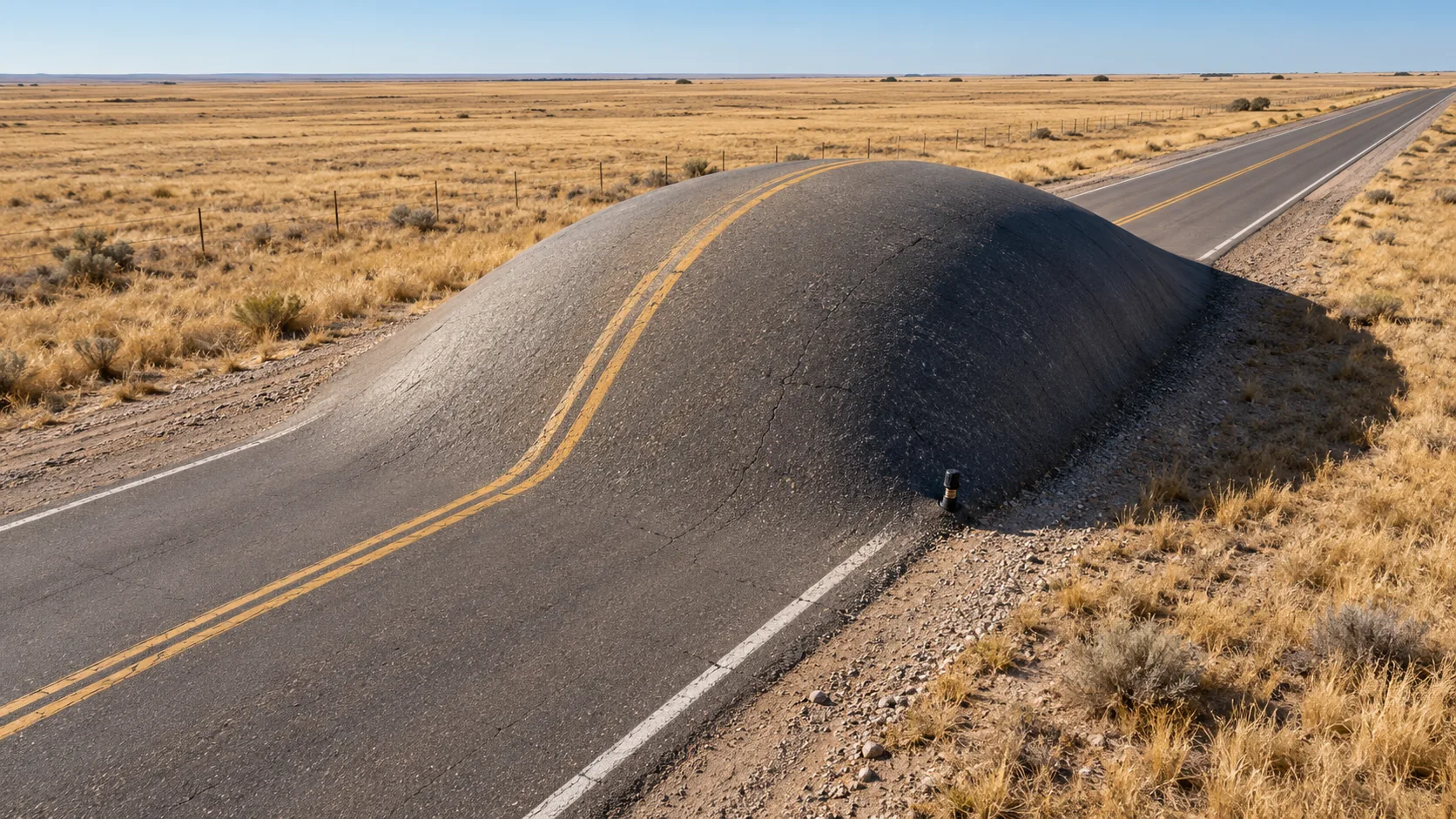 A two-lane road across dry grassland swells up into a smooth round hump of asphalt, centre lines and all, like something blew it up from underneath. The traffic will have to go over.