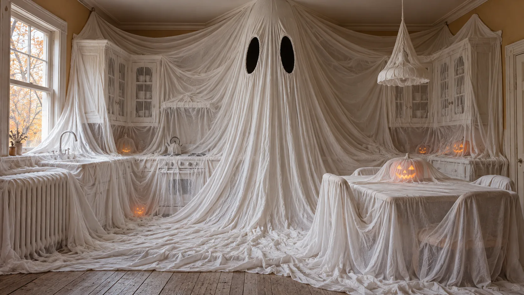 An entire kitchen, cabinets, radiator, table and lamp, is draped in white gauze that rises into one giant ghost with two black eyes, a pumpkin glowing under the cloth. It is waiting for you to leave.