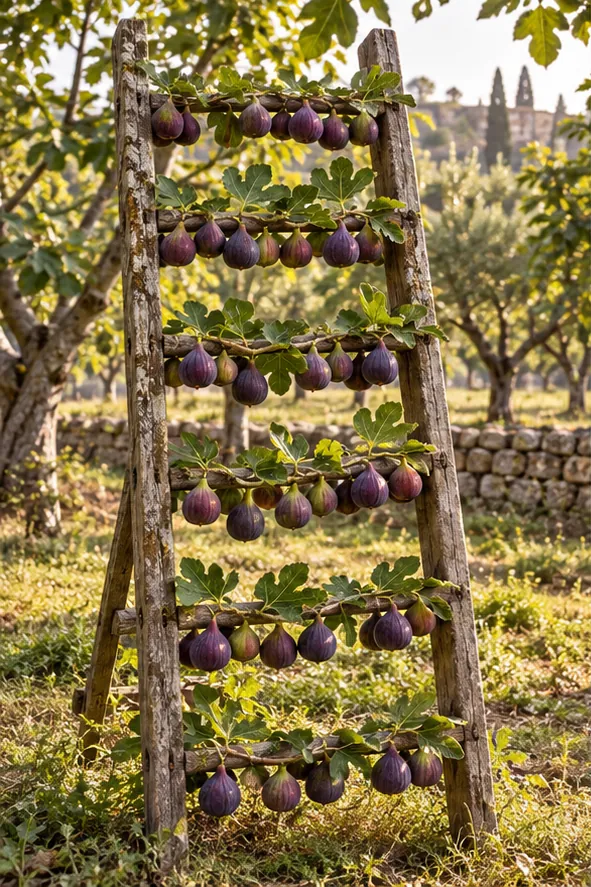A wooden ladder in an olive grove has grown into a fig tree, with purple figs hanging from each step.