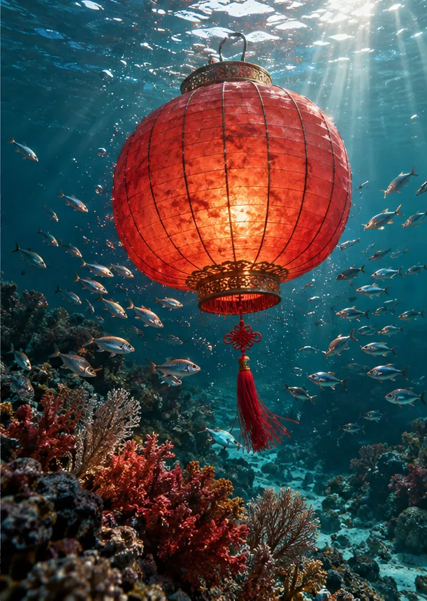 A red paper lantern glows deep in the sea above a coral reef, schools of fish circling its tassel.