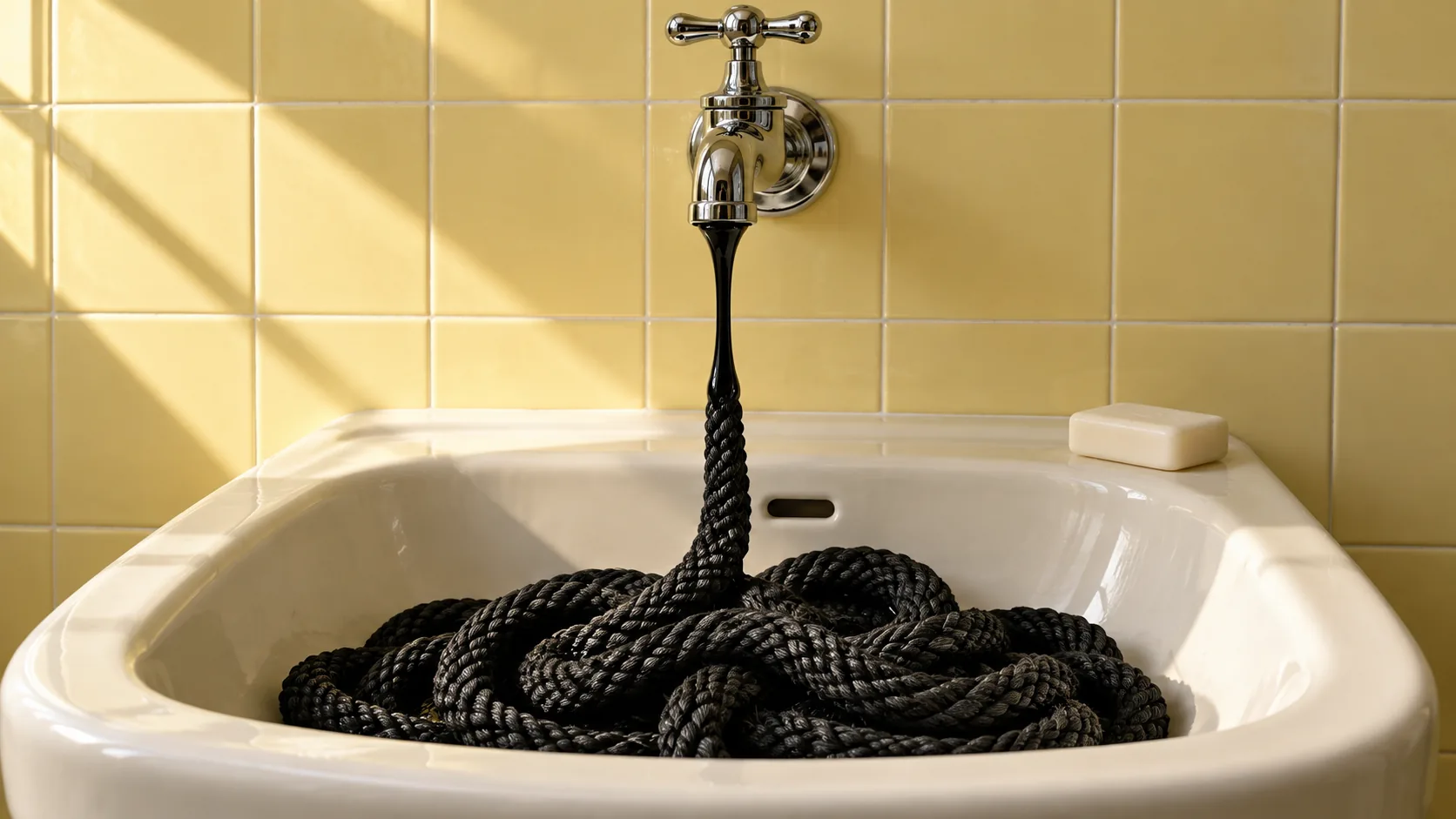 A chrome tap over a white basin pours a braided black rope that coils in the sink like poured ink, against warm yellow tiles. The water bill is going to be hard to read.