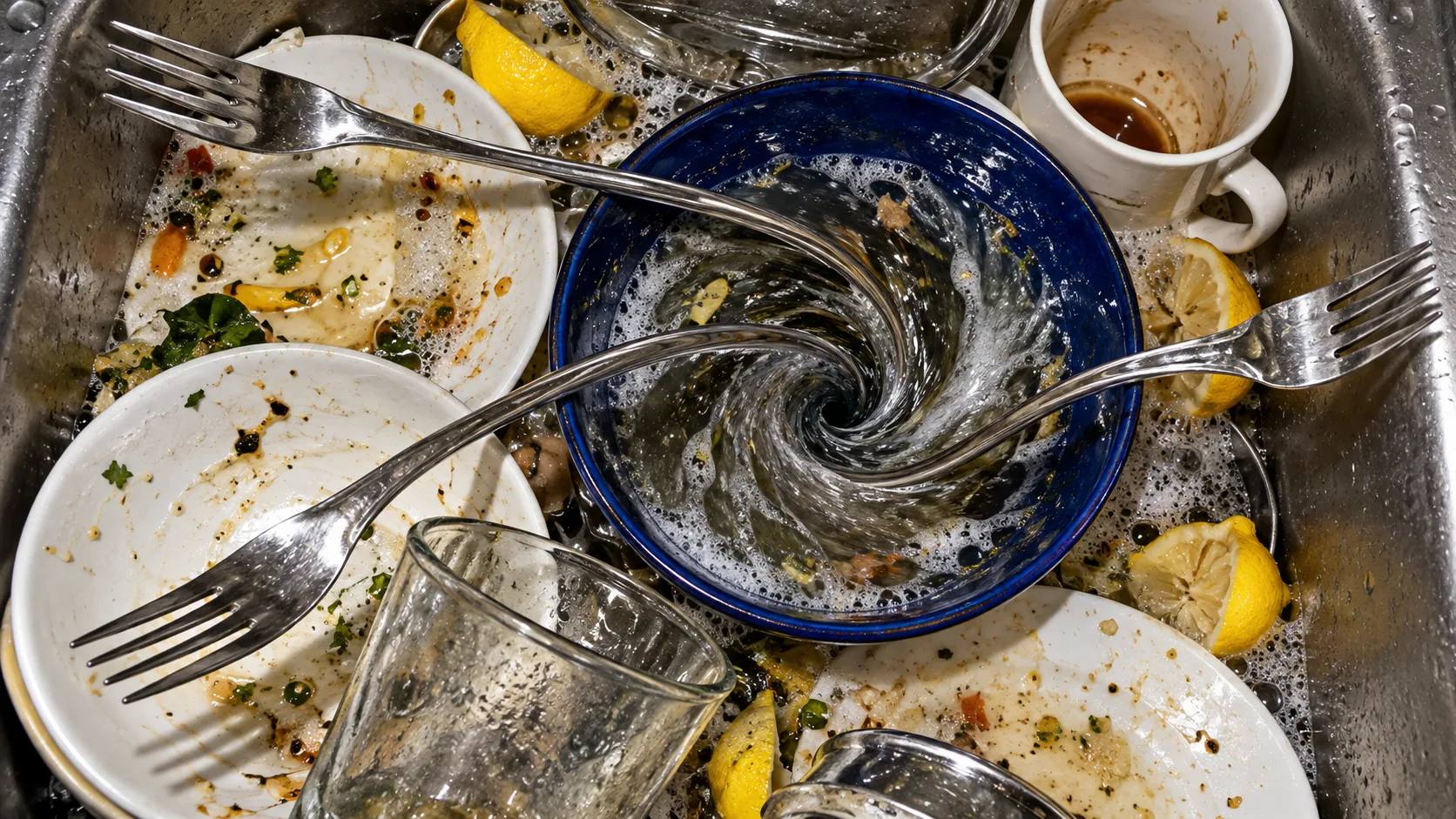 A sink full of dirty dishes and lemon halves where the water inside a blue bowl twists into a whirlpool, pulling the forks in after it. The washing-up is washing itself up.