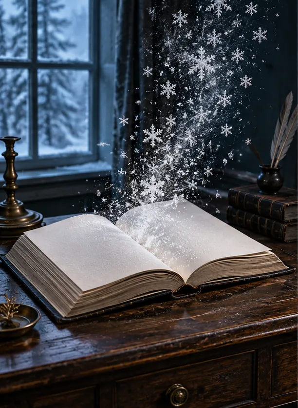 An open book on a wooden desk by a frosty window releases a swirl of snowflakes from its pages.