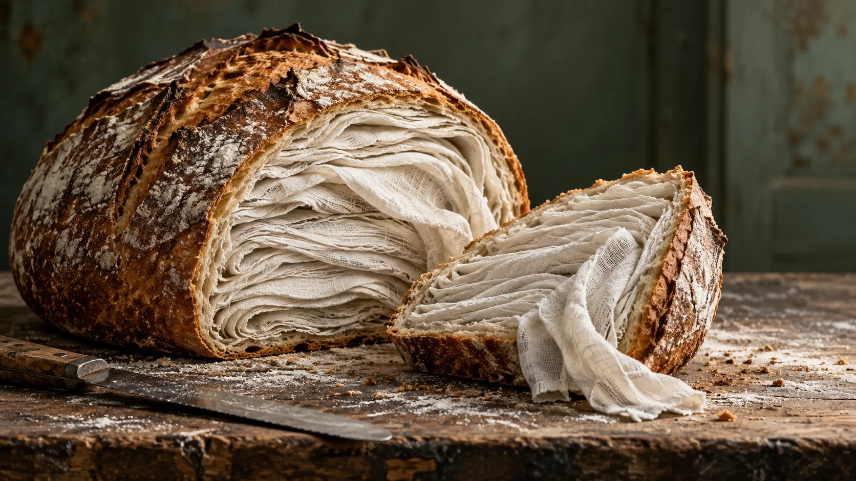 A rustic floured loaf, cut open on a worn board, is folded white linen all the way through, one slice unravelling like a napkin. Best served with a needle and thread.