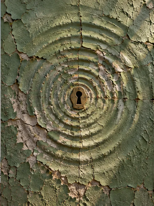 A brass keyhole sits at the centre of rings spreading through a cracked green plaster wall, like ripples in a pond.