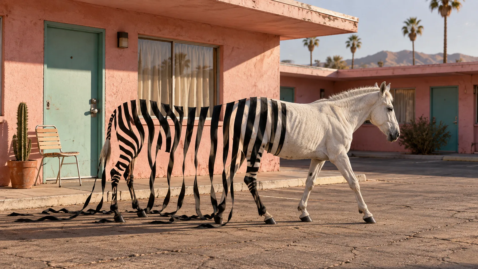 A white horse walks out of a pink motel courtyard while its zebra stripes peel off behind it and trail along the ground. Checkout was at eleven.