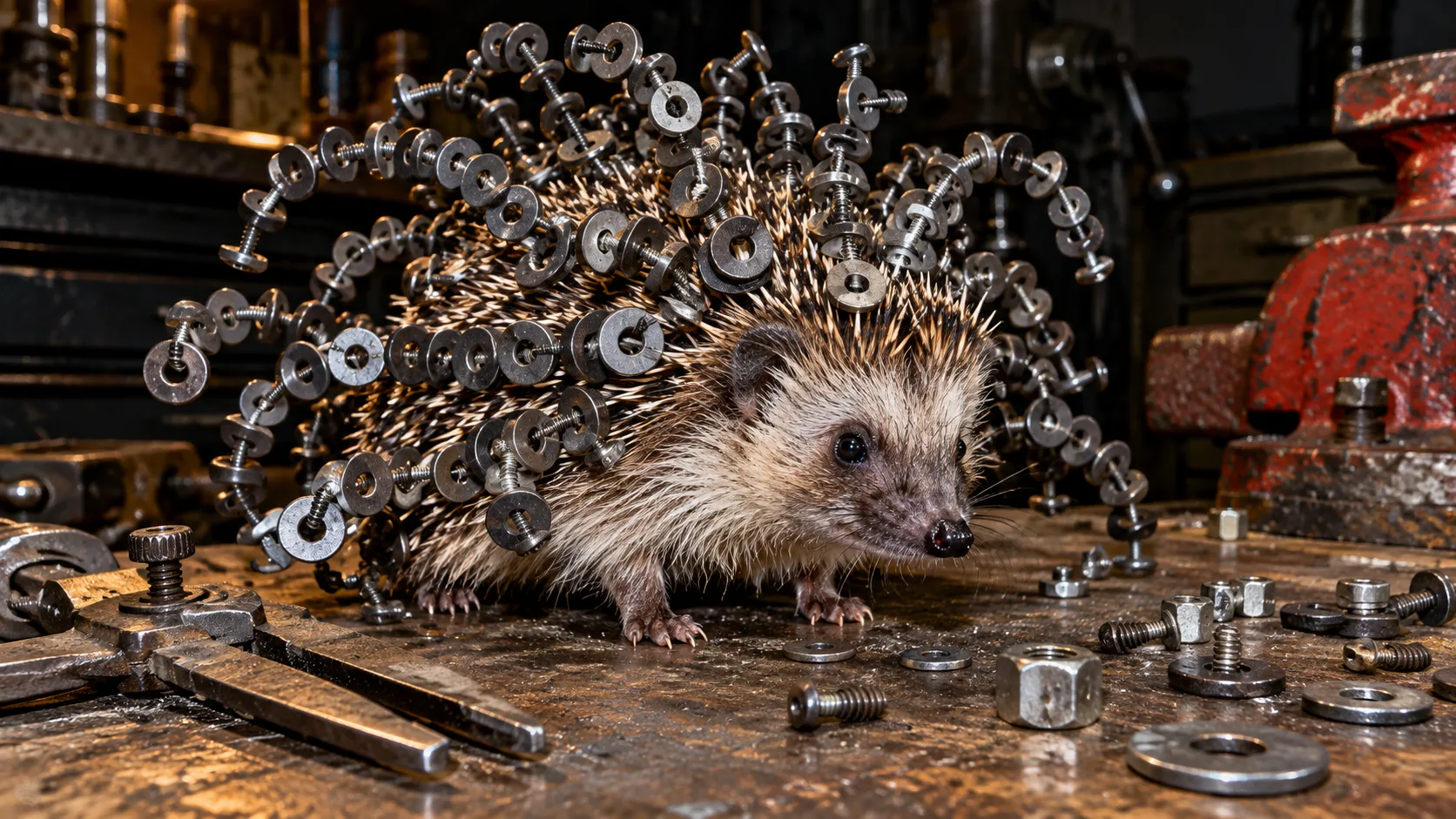 On a workshop bench, a hedgehog has collected a coat of steel washers, nuts and screws on its spines, curving out like a magnet’s field lines. It is not allowed near the hard drives.