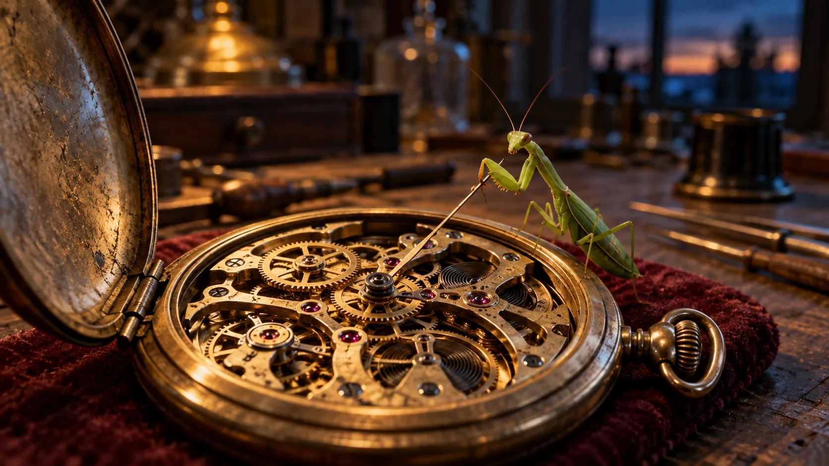 A green praying mantis stands in the open works of a brass pocket watch on a red velvet cushion, gripping one of its hands. The repair shop has hired a specialist.