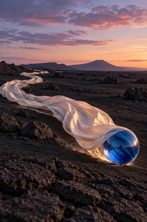 A blue glass marble trails a long silk tail across black volcanic rock under a purple dusk sky.
