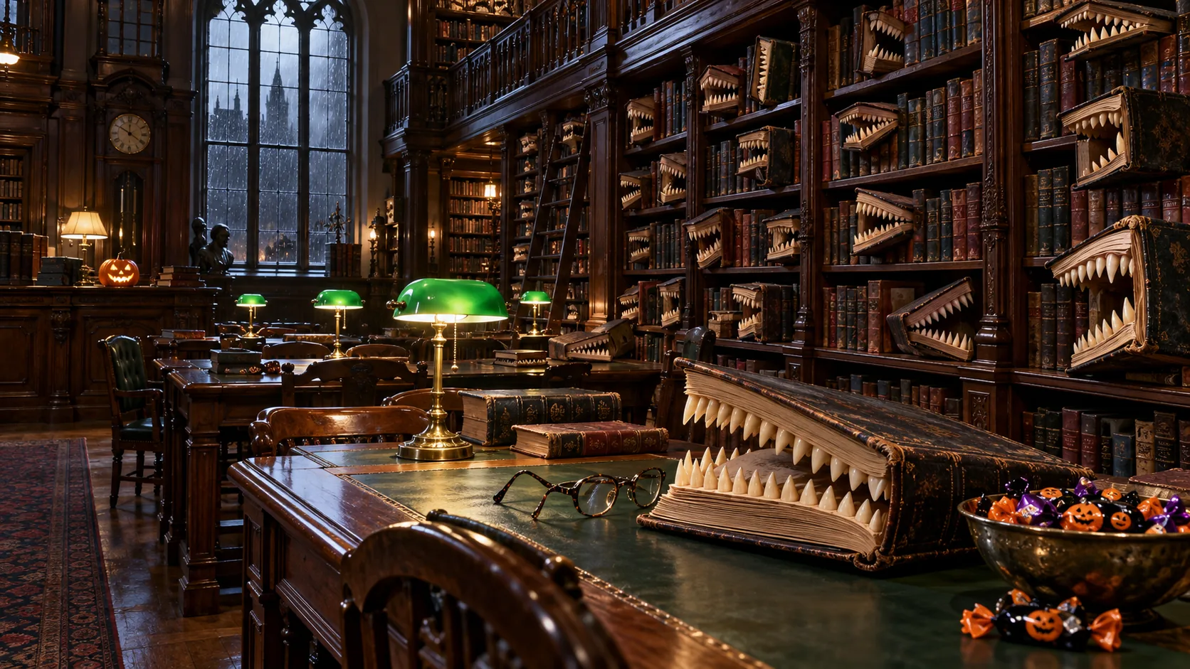 In a wood-panelled library at night, under green desk lamps, dozens of books on the shelves have opened into rows of sharp teeth, and one snaps on the reading desk next to a bowl of sweets. Reading is at your own risk.