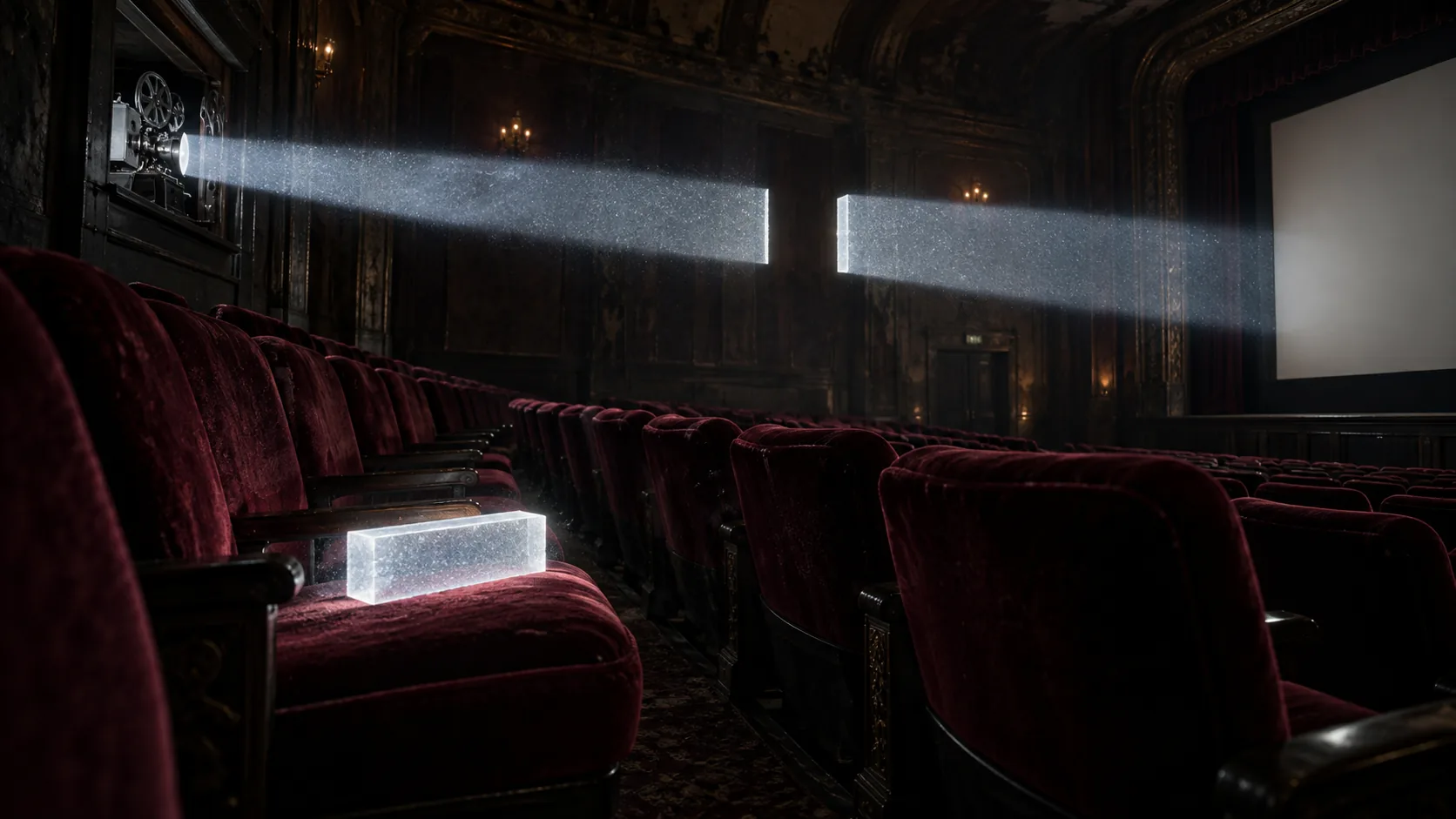 In an empty velvet cinema, the projector’s beam runs in solid glassy blocks with a section missing, and the missing piece lies glowing on a red seat. Somebody took the best bit home.