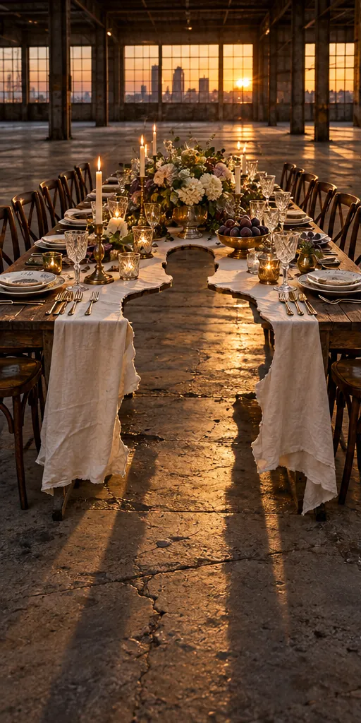A long candlelit banquet table in an empty warehouse at sunset curves neatly around a missing chunk in the middle, as if someone large got up mid-course. Every other place is set.