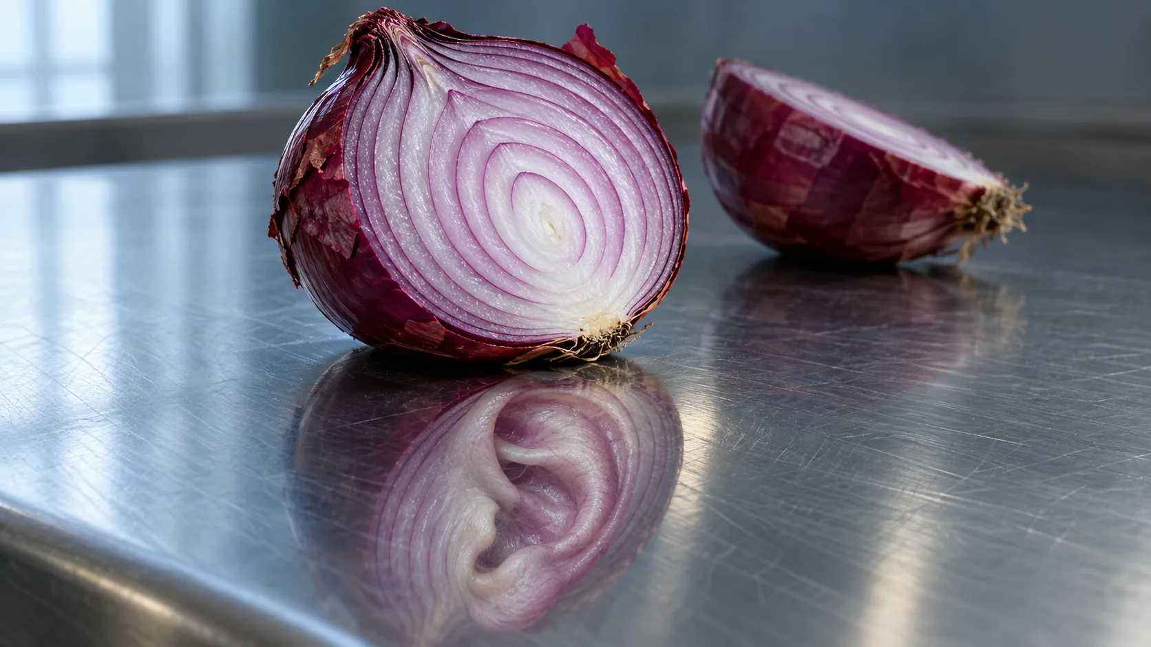 A halved red onion sits on brushed steel, and its reflection shows its rings curled into the shape of an ear. Mind what you say in the kitchen.