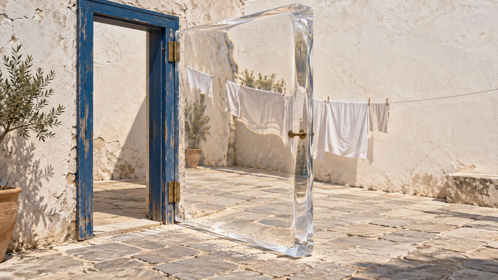 In a whitewashed courtyard, a blue doorframe holds a door made of something clear as air, swung open onto washing on a line. It closes perfectly and keeps nothing out.