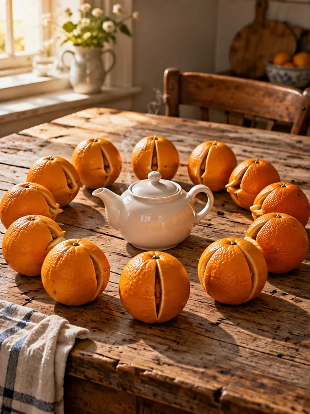 A ring of split oranges sits around a white teapot on a farmhouse table, each one opened like a mouth mid-sentence. The teapot has the floor.