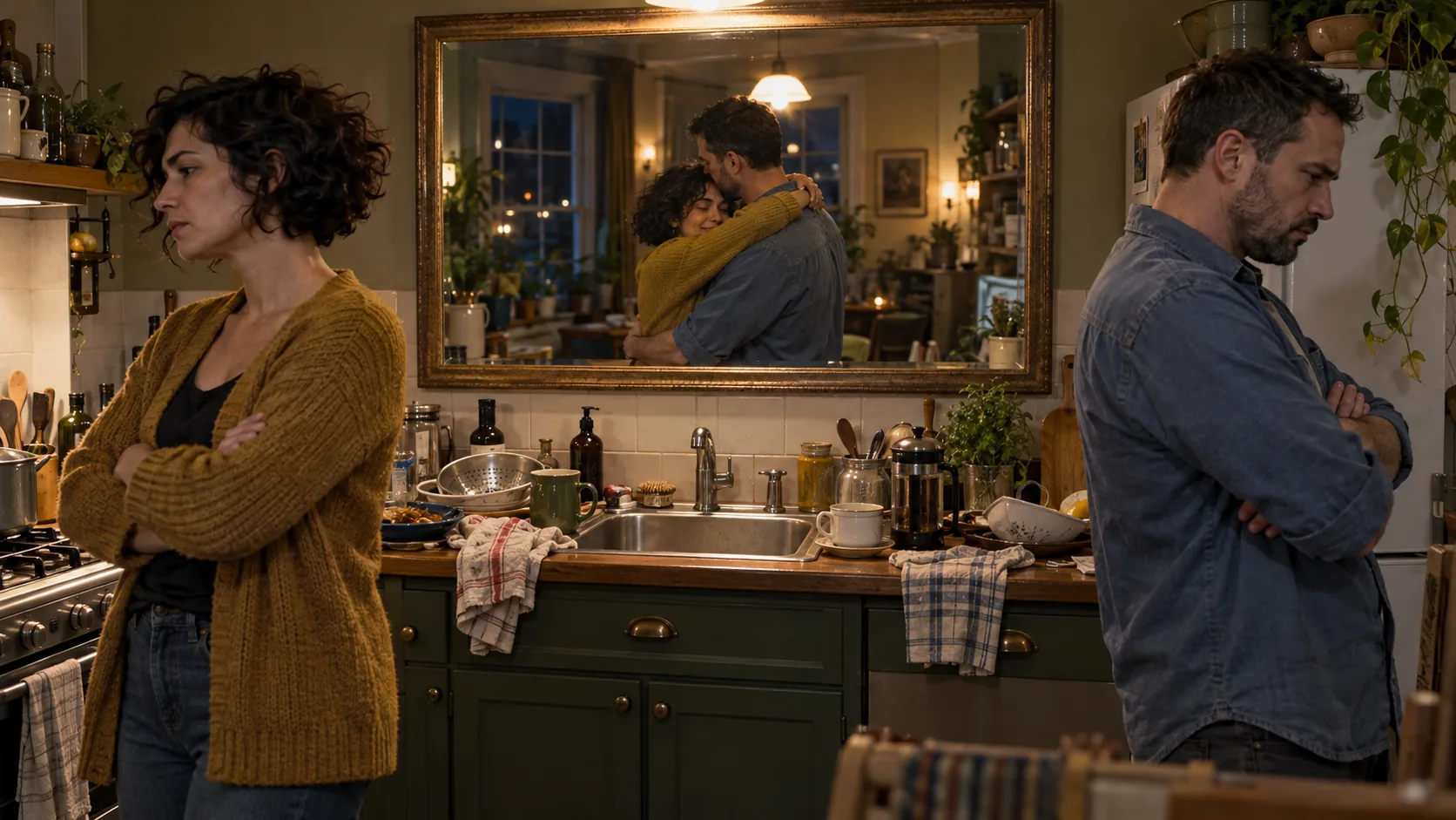 A couple stands apart in a kitchen, arms folded, while their reflection in the mirror behind them is hugging. One of them is lying.