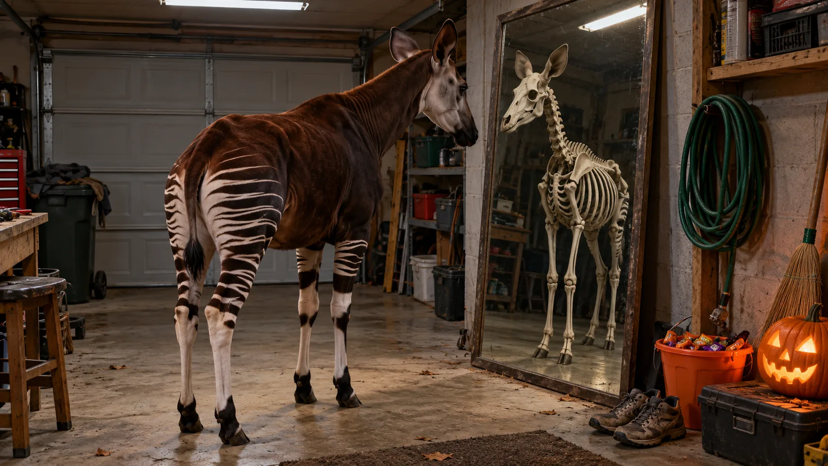 In a garage lit for the evening, an okapi stands in front of a tall mirror, and its reflection is a white skeleton of itself. Only one of them made an effort.