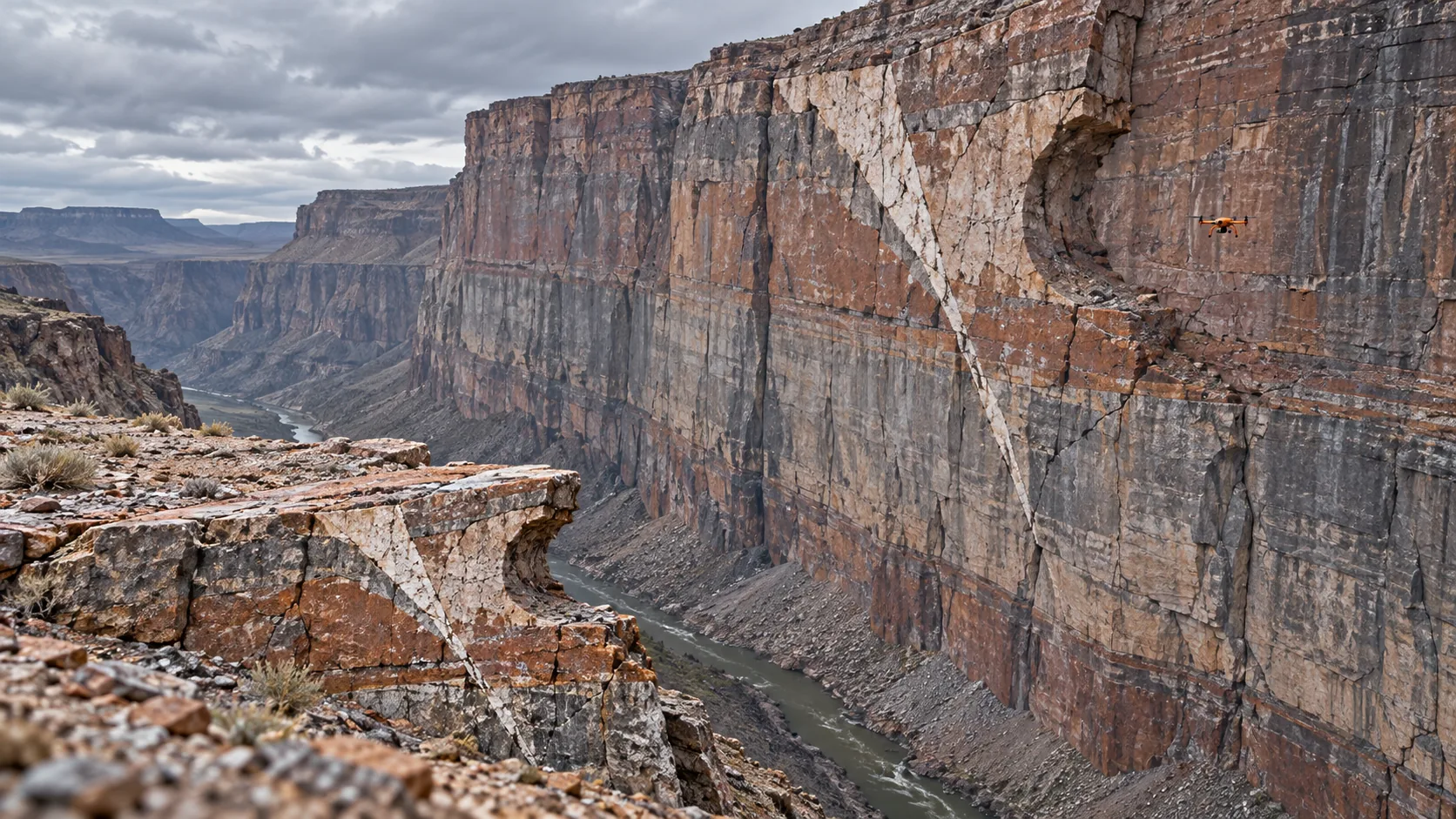Across a deep canyon, a pale wedge and a scooped hollow in the far cliff are repeated exactly, much smaller, in the ledge on this side, while a little drone hovers by the big one. One of them is a copy, and neither is saying which.