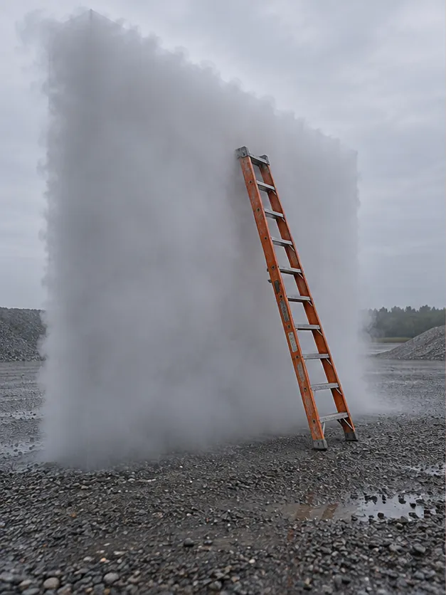 An orange ladder leans against a tall, flat wall of mist standing on a gravel shore. Climbing it is optional; coming back is not guaranteed.